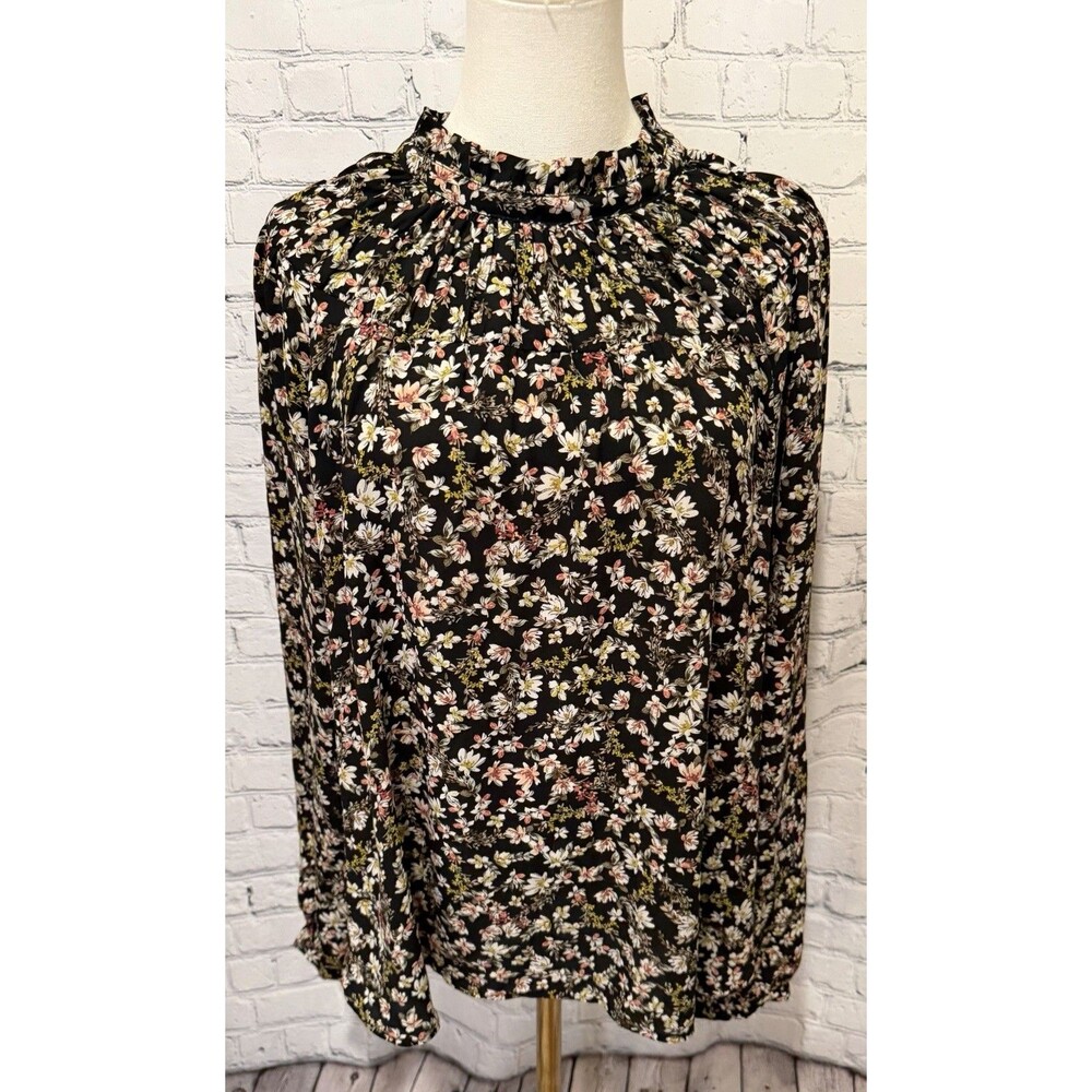 Loft High Neck Blouse Women's XL Black Poly Floral Keyhole Back Long Sleeve